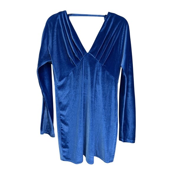 Sunday Up Velvet Mini Dress Large Long Sleeve Pleated V Neck Blue Party Cocktail - Picture 3 of 8
